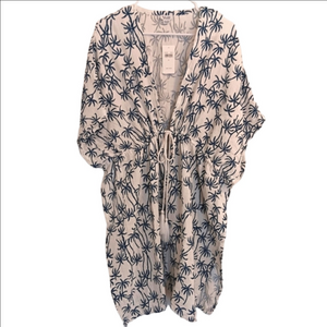 Splendid Tropic Veil Coverup Cream/Dark Teal Cotton Gauze Palms Print Tassel Tie